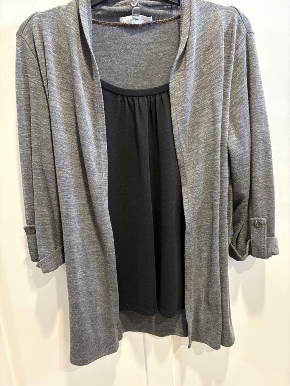 NY Collection Gray Open-Front Draped Cardigan with Black Tank Detail